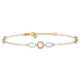 14k Tri-color Circle and Oval 3-Station 9 inch Plus 1 inch Extender - Total 10 inch Anklet ANK222