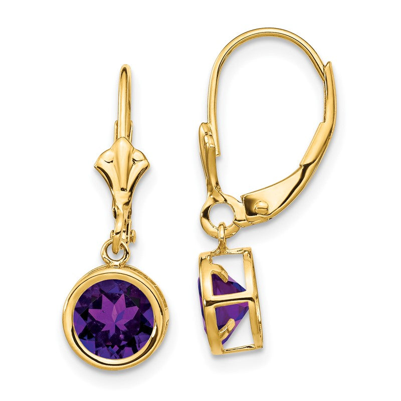 14k 6mm Round Amethyst Bezel Leverback Dangle Earrings XLB101AM