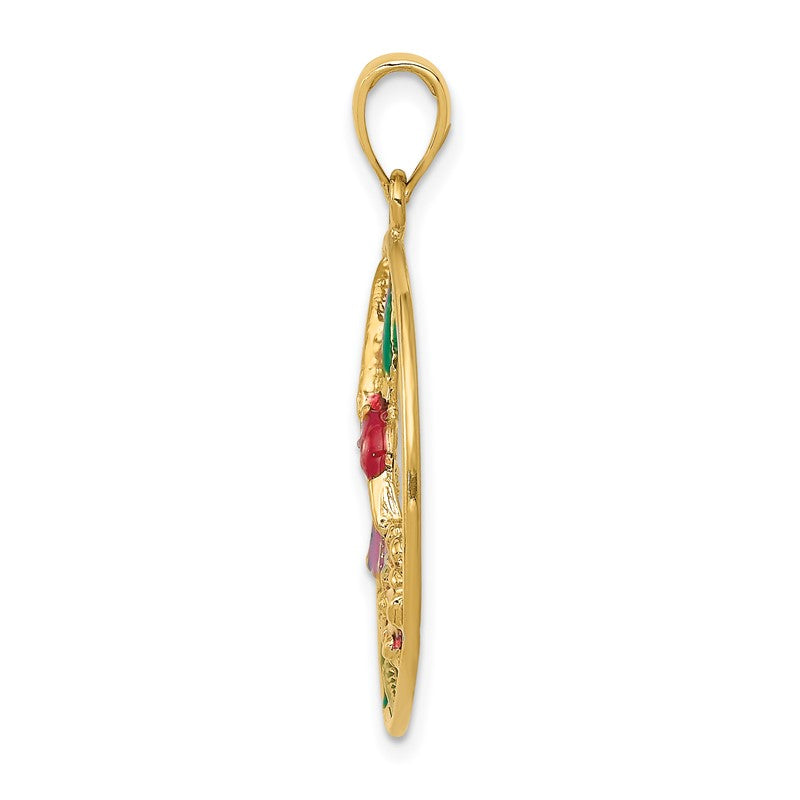 14K Enameled Hummingbird and Flower in Circle Pendant K4221