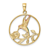 14K Enameled Hummingbird and Flower in Circle Pendant K4221