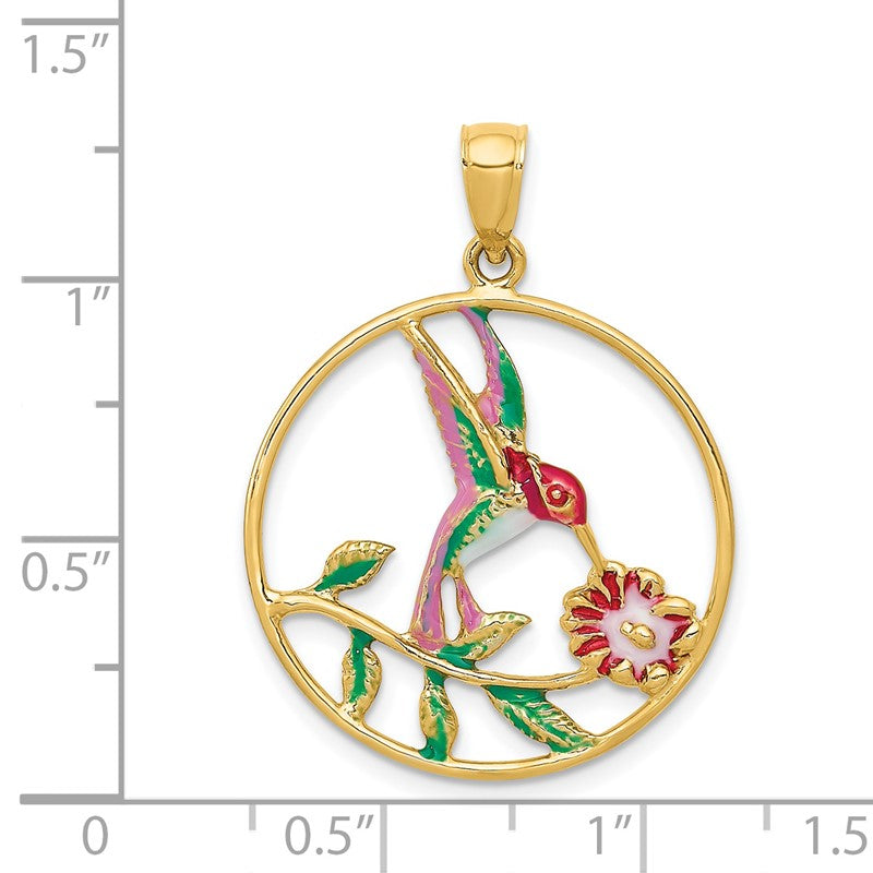 14K Enameled Hummingbird and Flower in Circle Pendant K4221