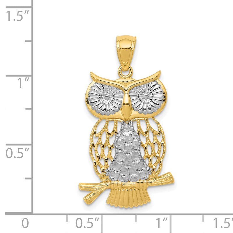 14k and White Rhodium Diamond-cut Polished Moveable Owl Pendant K5979