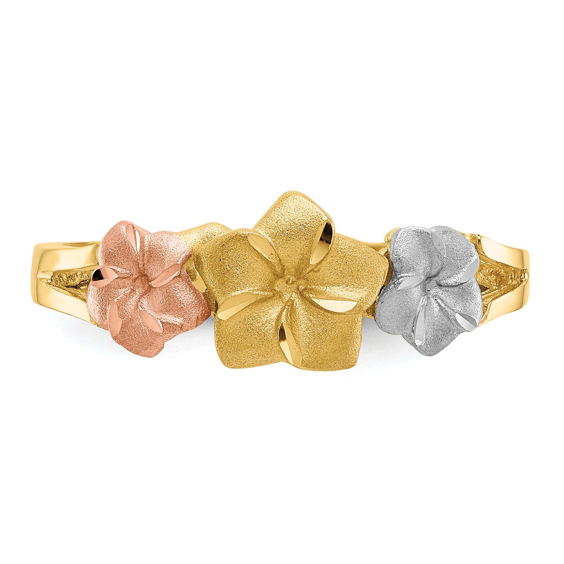 14k Tri-color Three Plumeria Flowers Ring D1889