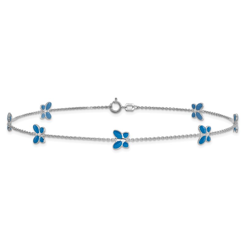 14k White Gold Blue Enameled Butterflies 7-Station 10 inch Anklet ANK89