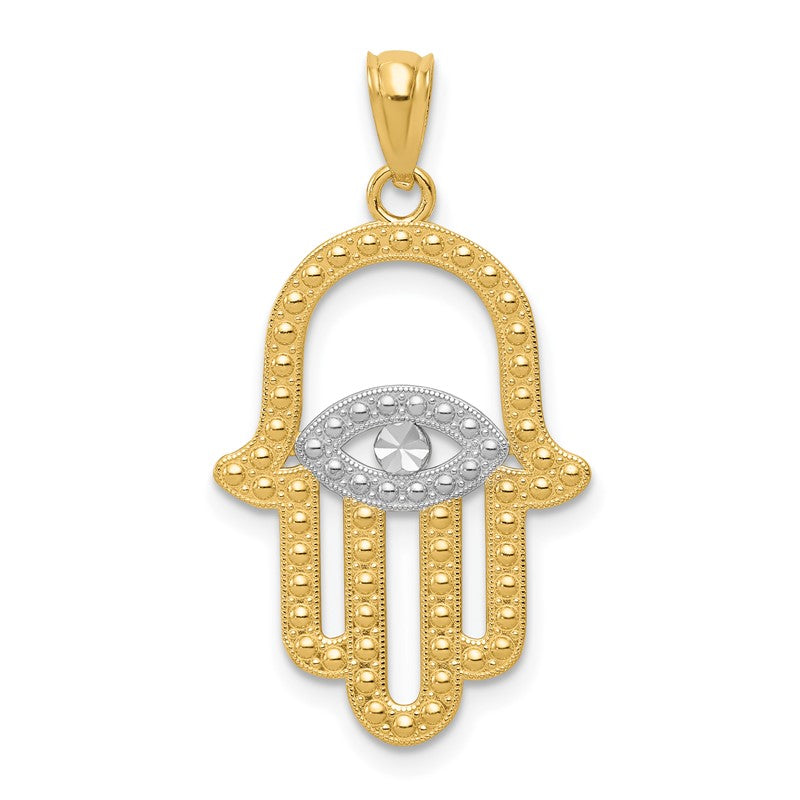 14K and White Rhodium Textured Hamsa and Evil Eye Pendant C4533