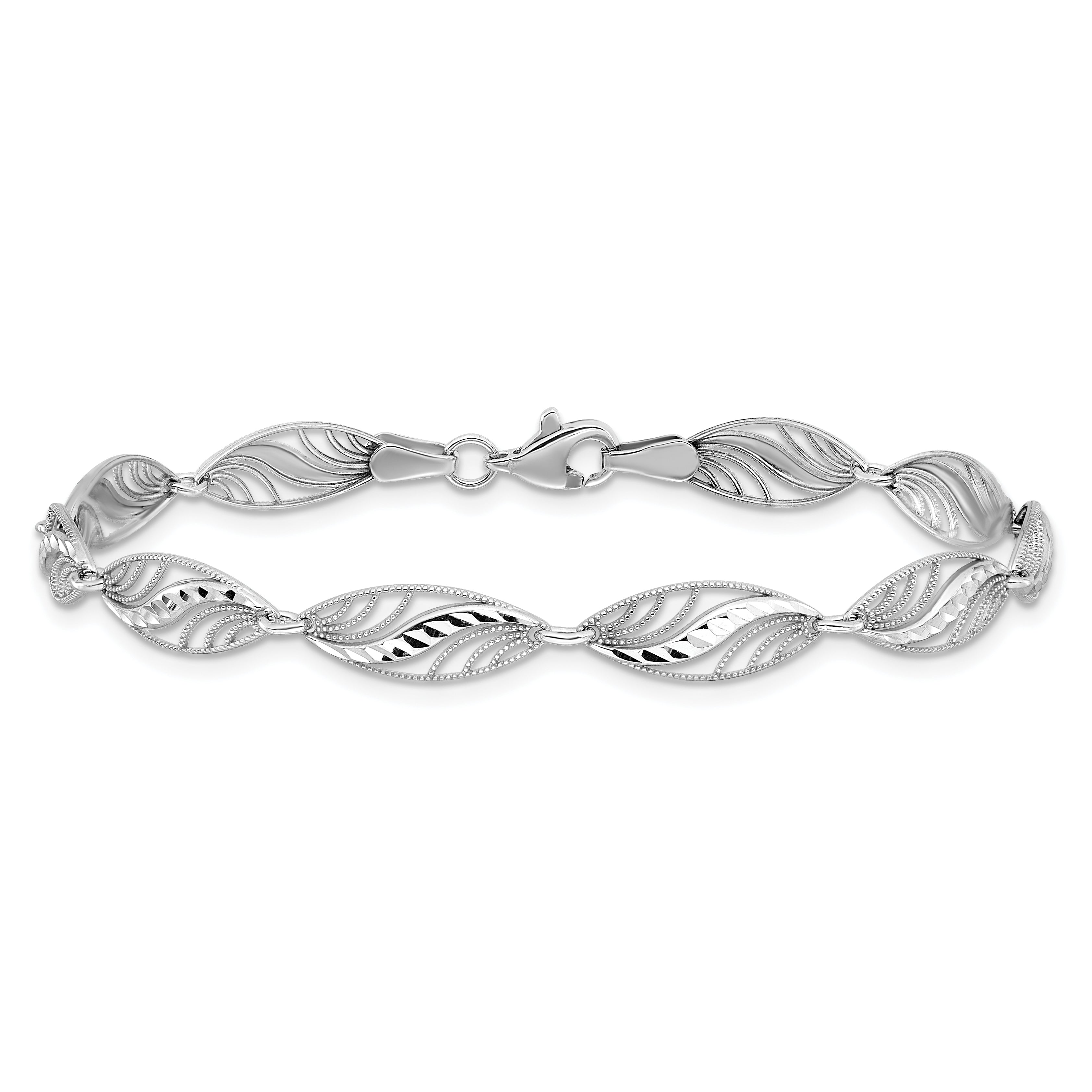 14k White Gold Oval Filigree Diamond-cut 7.25 inch Bracelet FB1336