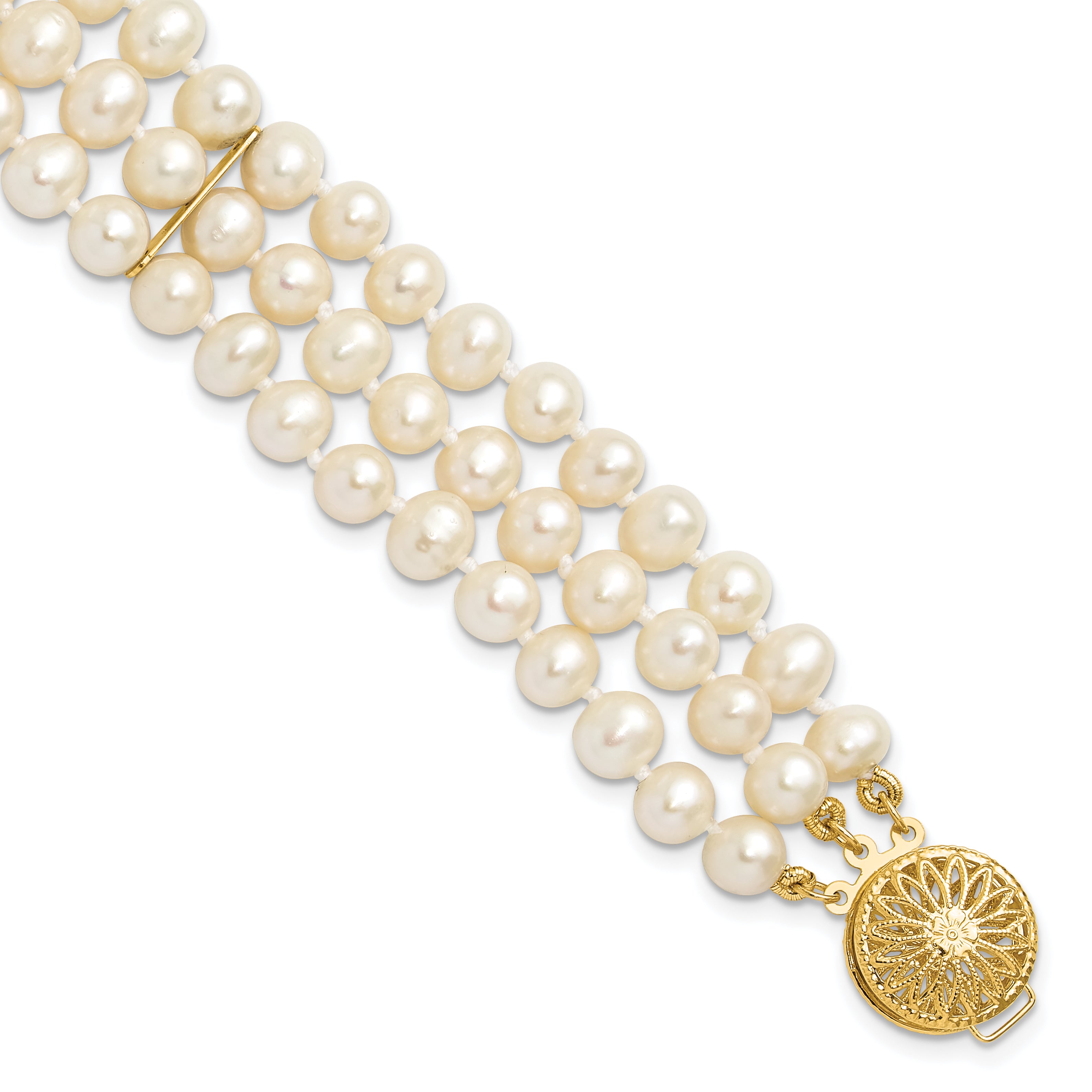 14k 5-6mm White Near-Round Freshwater Cultured Pearl 3-Strand 7.5 inch Bracelet PR14