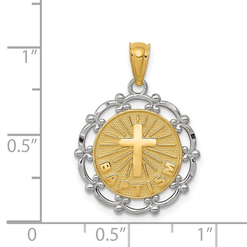 14K and White Rhodium BAPTISM with Cross Scalloped Edge Round Pendant C4524