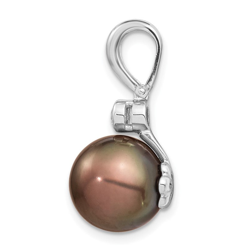 14k White Gold 10-11mm Black Round Tahitian Saltwater Cultured Pearl and .07 Carat Diamond Pendant XF732