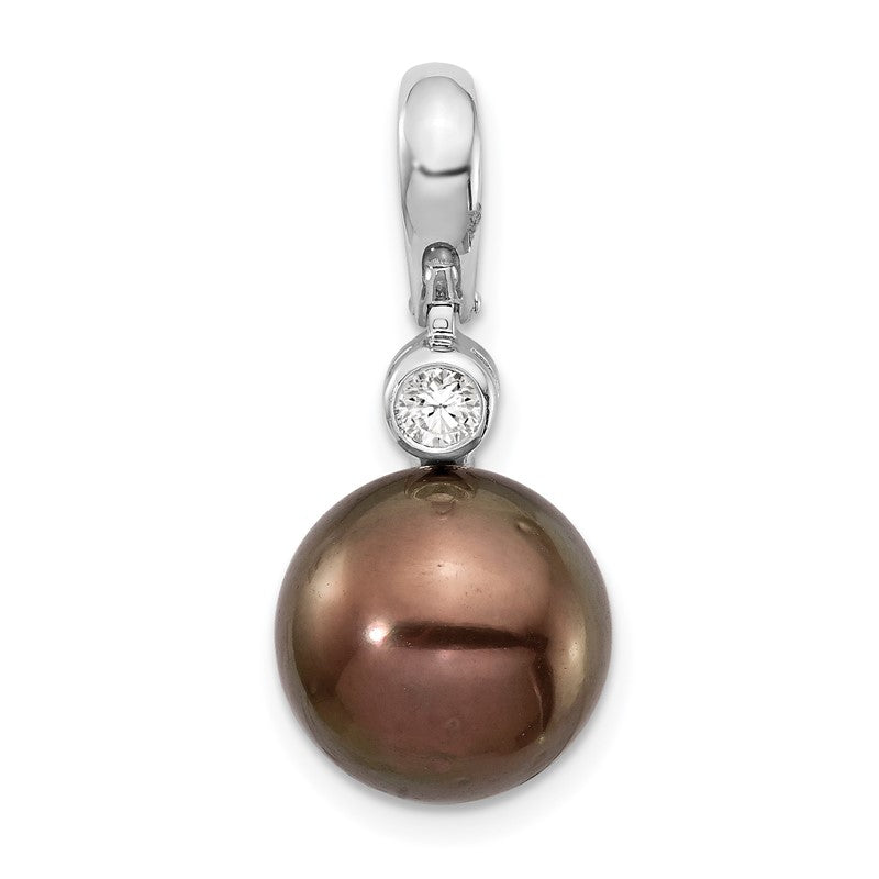 14k White Gold 10-11mm Black Round Tahitian Saltwater Cultured Pearl and .07 Carat Diamond Pendant XF732