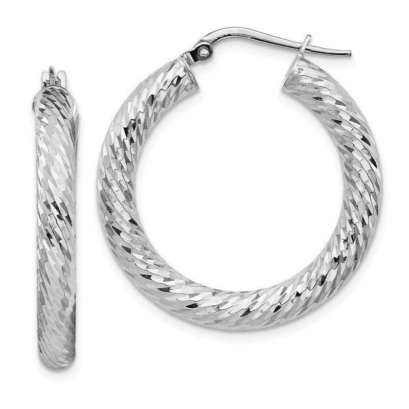 14k White Gold 4x30mm Diamond-cut Round Tube Hoop Earrings TF1334W