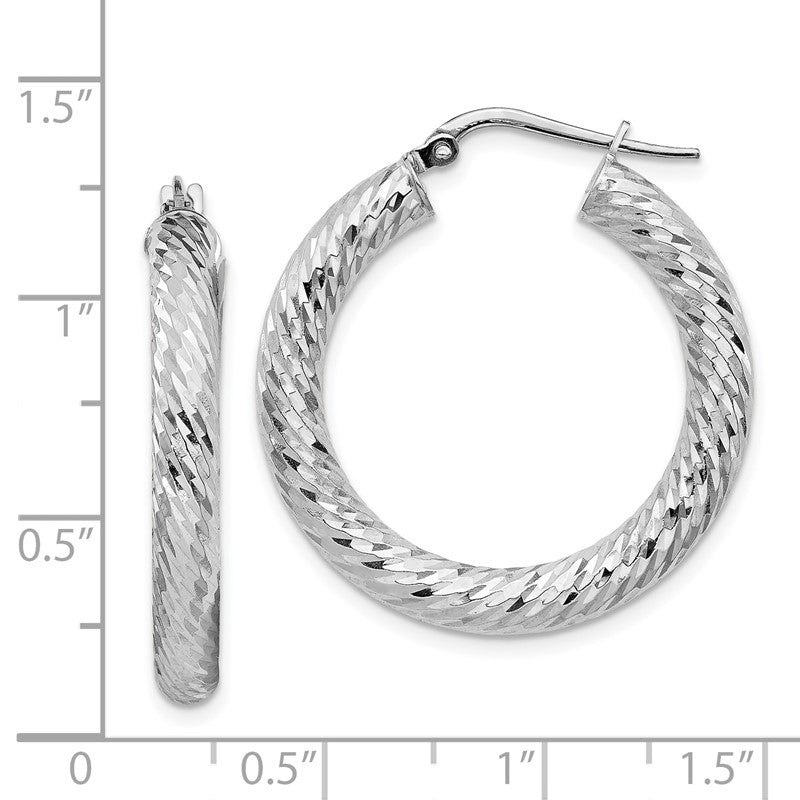 14k White Gold 4x30mm Diamond-cut Round Tube Hoop Earrings TF1334W
