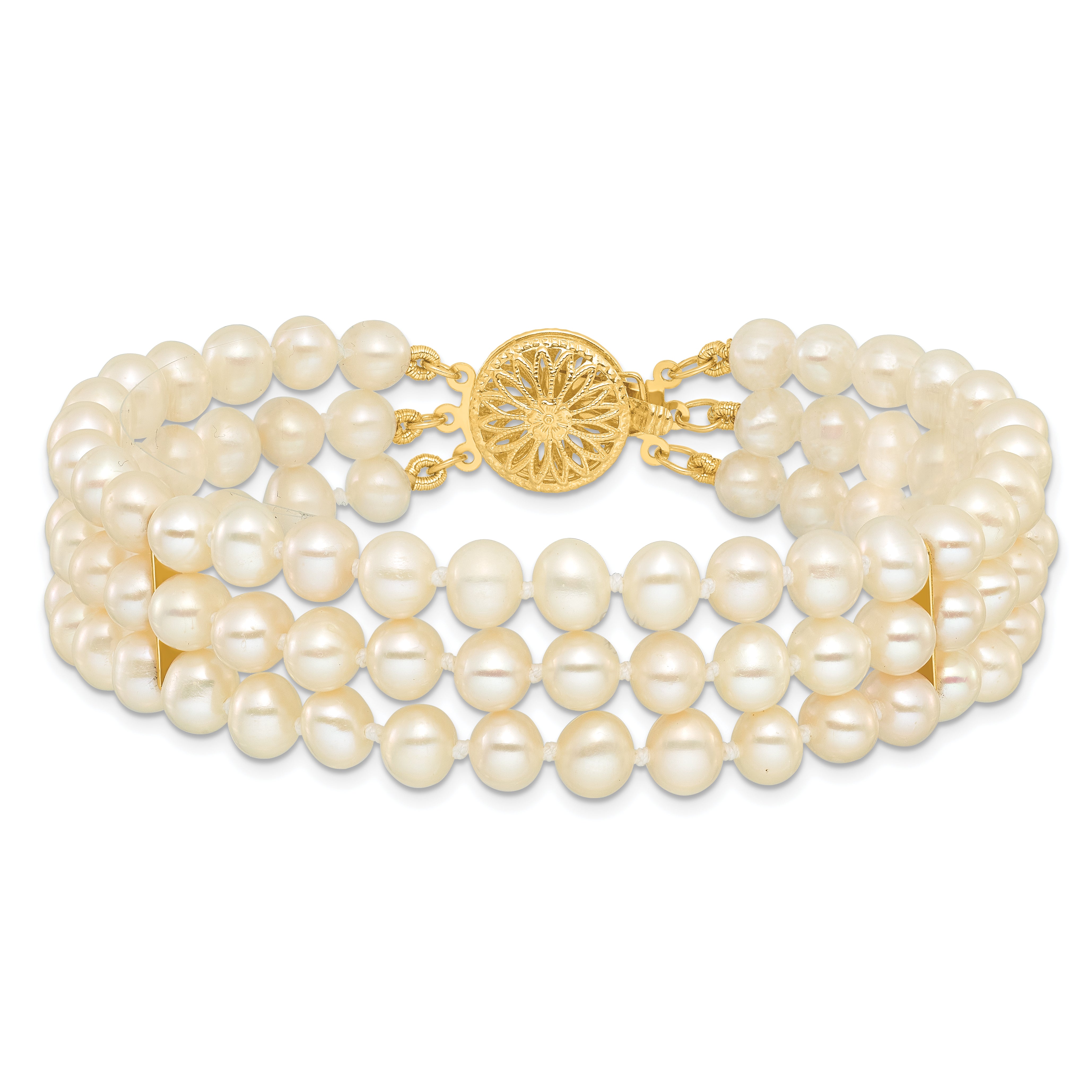 14k 5-6mm White Near-Round Freshwater Cultured Pearl 3-Strand 7.5 inch Bracelet PR14
