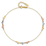 14K Tri-Color Diamond-cut Hearts 9 inch Plus 1 inch Extender - Total 10 inch Anklet ANK175