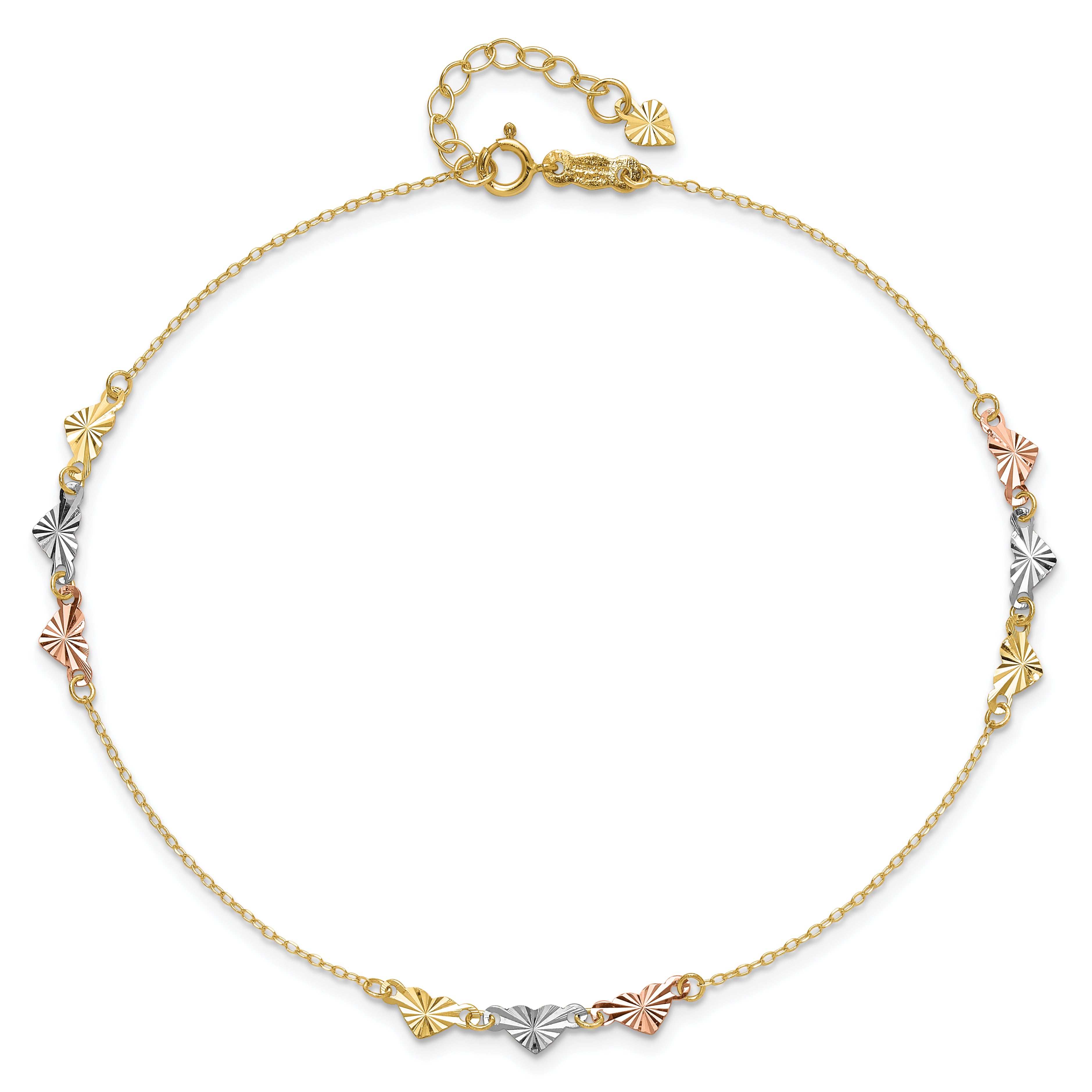 14K Tri-Color Diamond-cut Hearts 9 inch Plus 1 inch Extender - Total 10 inch Anklet ANK175