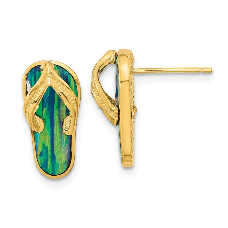 14k Polished with Lab Created Blue Opal Flip-Flop Post Earrings TC984