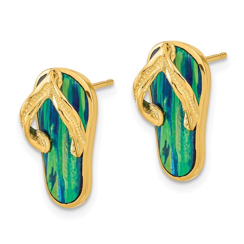 14k Polished with Lab Created Blue Opal Flip-Flop Post Earrings TC984