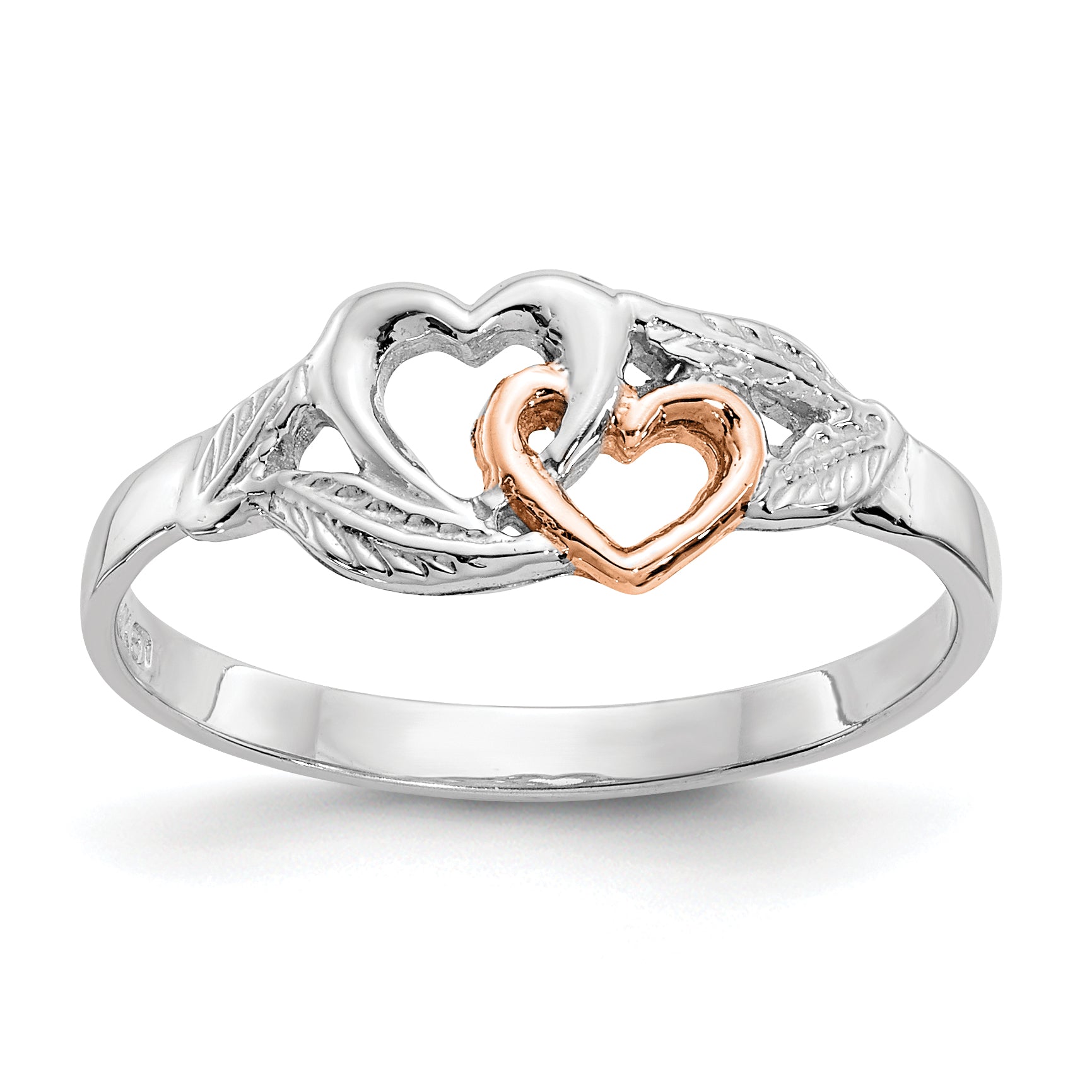 14K White and Rose Gold-Plated Polished 2 Hearts and Leaves Ring K5751