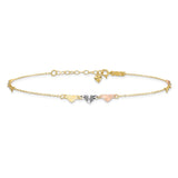 14K Tri-Color Diamond-cut Hearts 9 inch Plus 1 inch Extender - Total 10 inch Anklet ANK175
