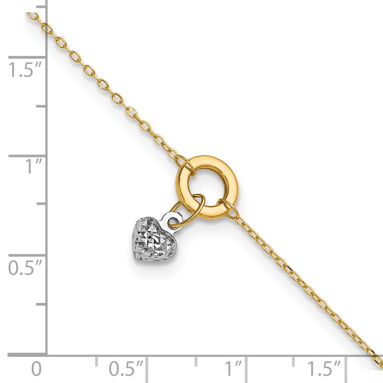 14K Two-tone Circle with Diamond-cut Puffed Heart Dangle 9 inch Plus 1 inch Extender - Total 10 inch Anklet ANK243