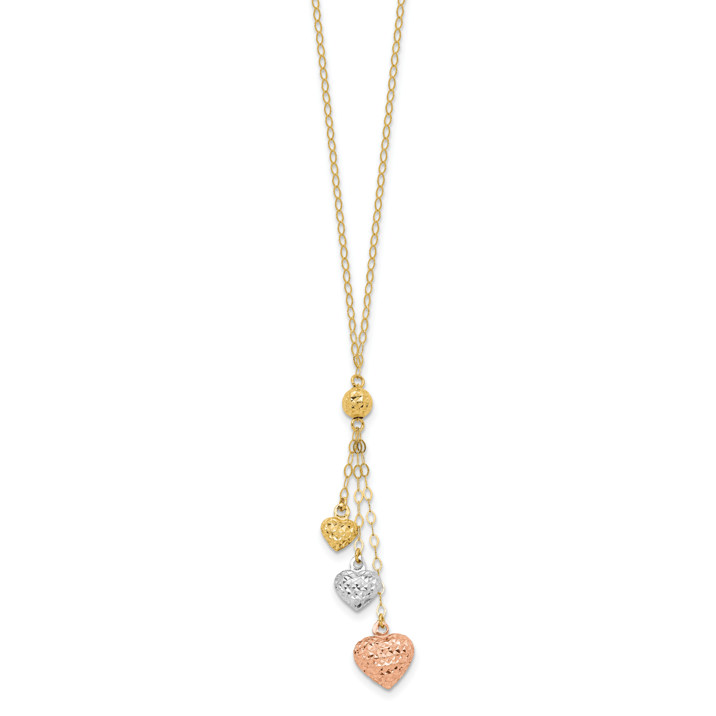 14k Tri-color Three Puffed Hearts 16 inch Lariat Necklace Plus 2 inch Extender SF1879