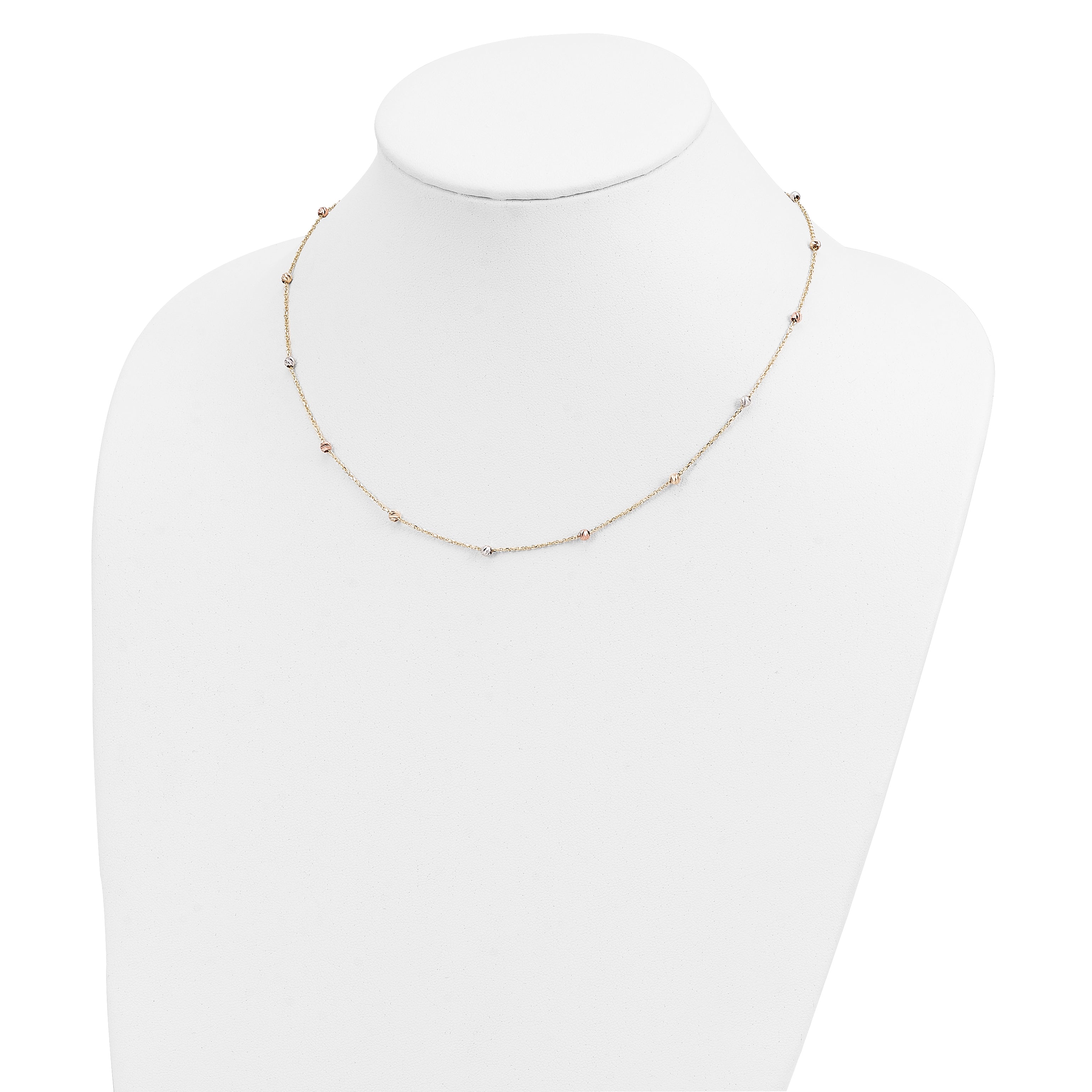 14k Tri-color Polished Diamond-cut Beads 18 inch Station Necklace SF2270