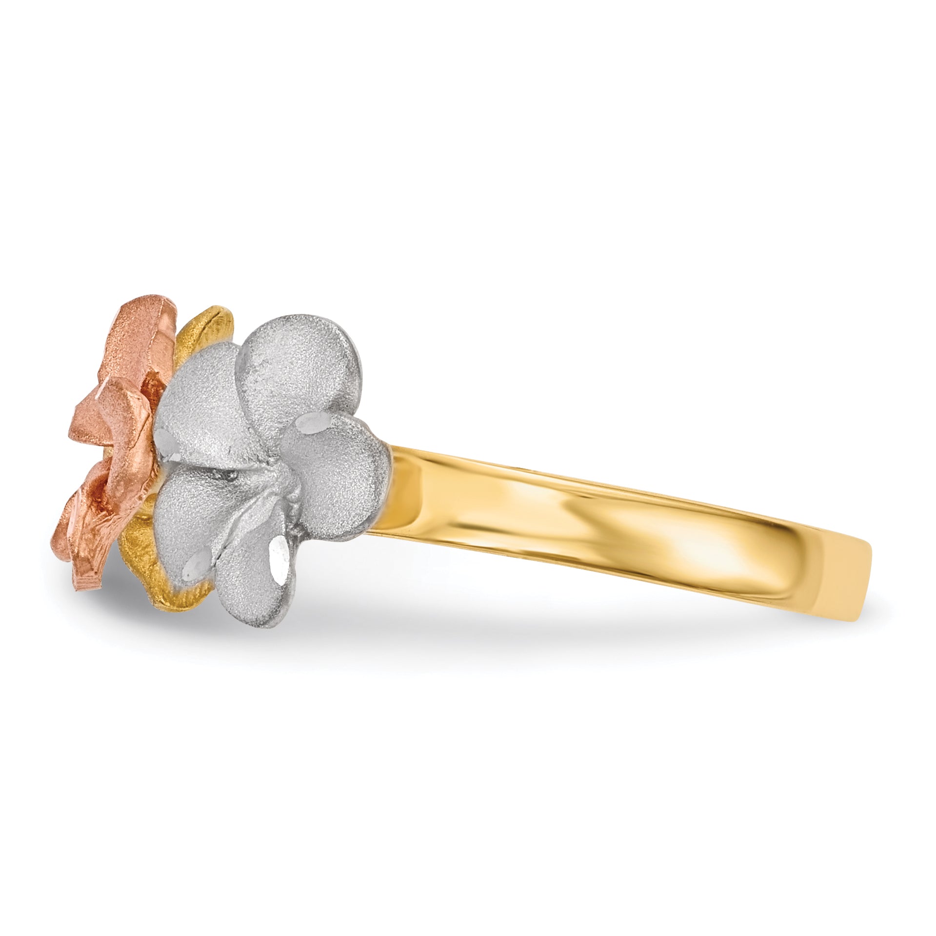 14k Two-tone with White Rhodium Satin Diamond-cut 3-Plumeria Flowers Ring R633
