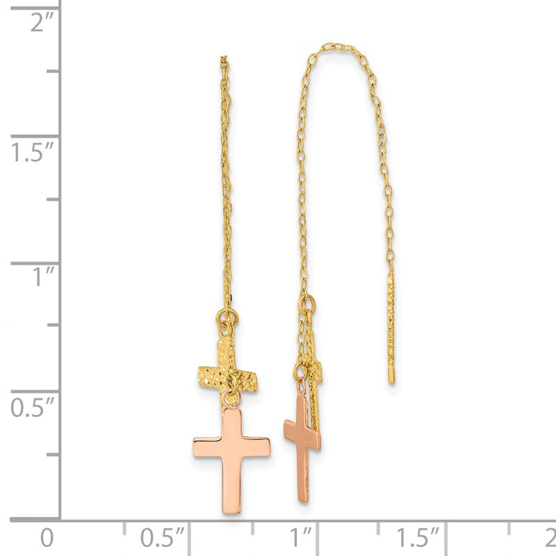 14k Yellow and Rose Gold Diamond-cut Polished 2-Crosses Threader Earrings TE661