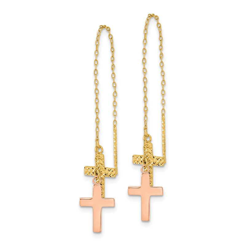 14k Yellow and Rose Gold Diamond-cut Polished 2-Crosses Threader Earrings TE661