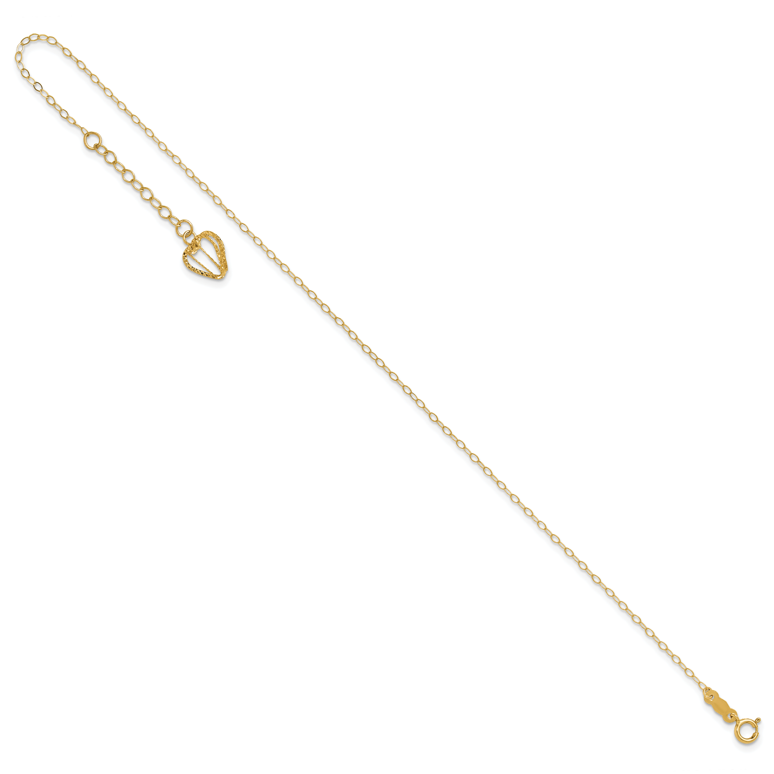 14K Cable Chain with Diamond-cut Heart Cage Dangle 9 inch Plus 1 inch Extender - Total 10 inch Anklet ANK244