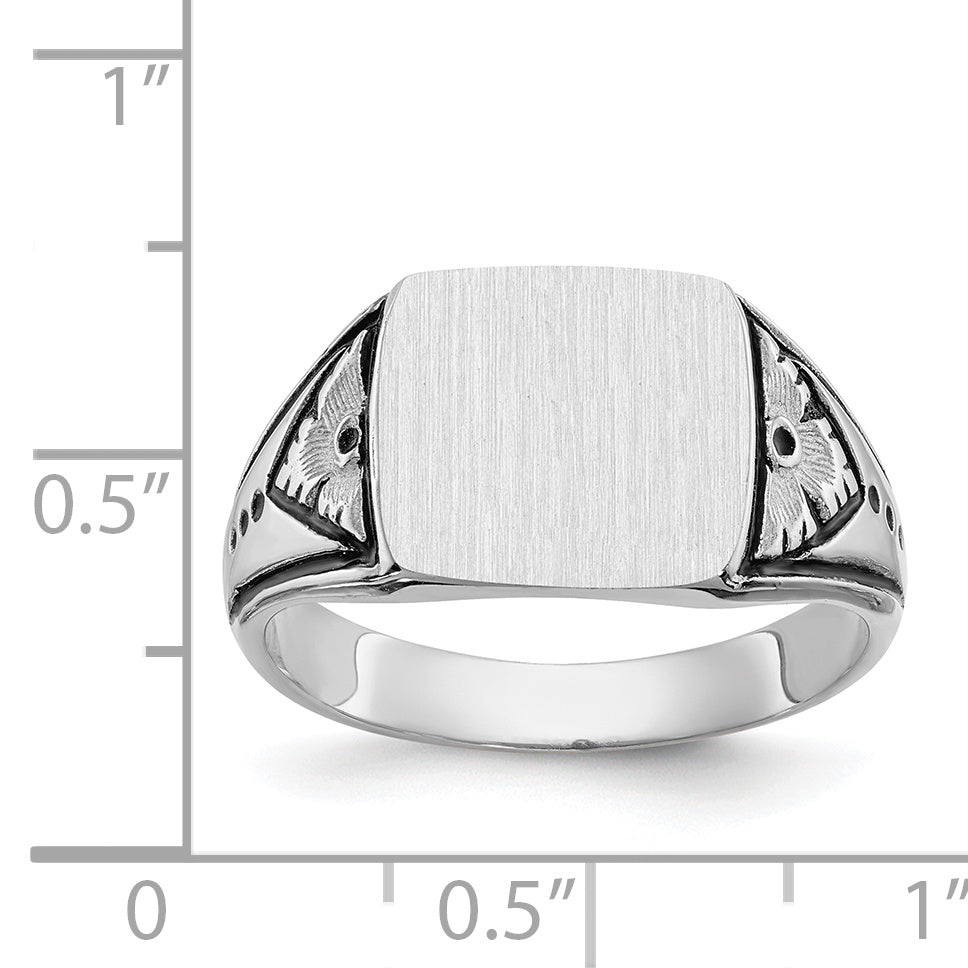 14k White Gold 11.5x11.0mm Rectangle Closed Back Antiqued Mens Signet Ring Y4138