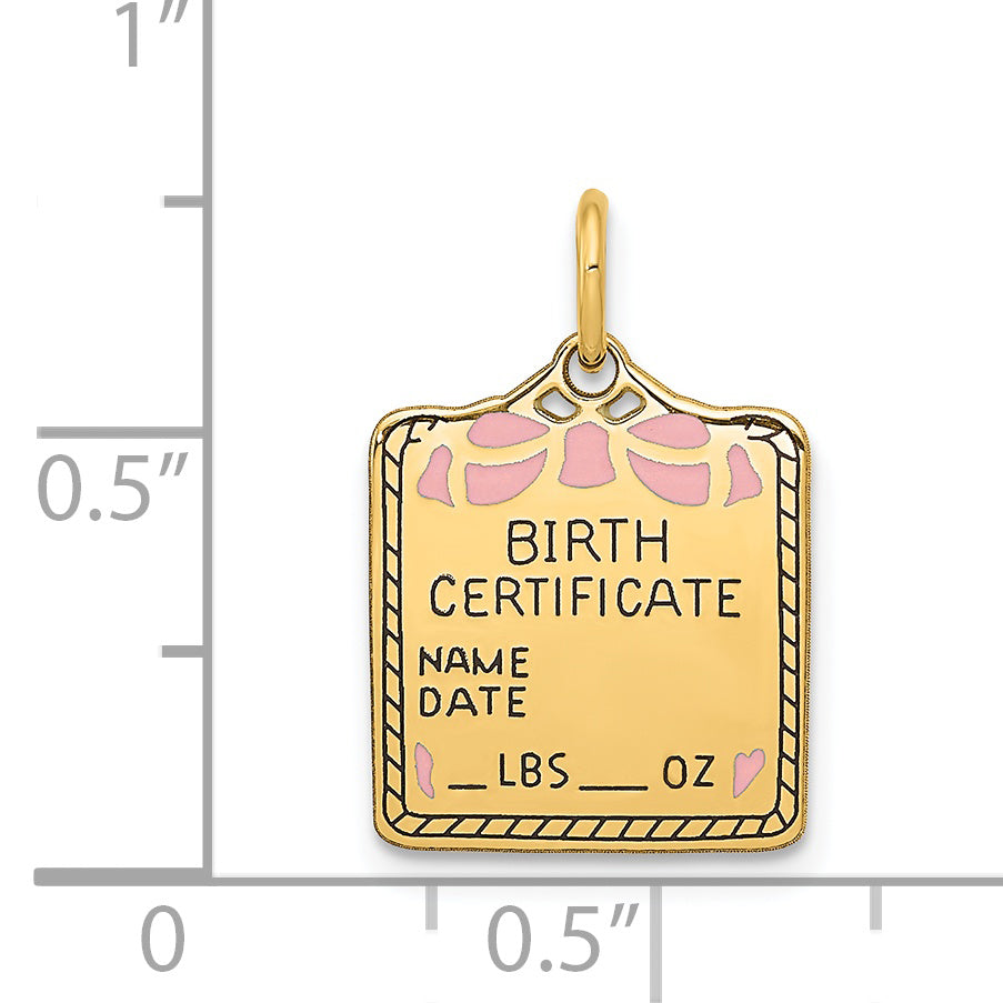 14k Enameled Pink Engravable BIRTH CERTIFICATE Charm A0363/P