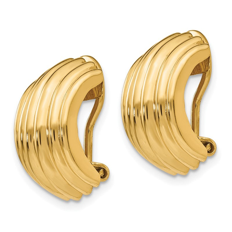 14k 9.5x16mm Polished Ribbed Half Hoop Omega Back Non-pierced Earrings H869