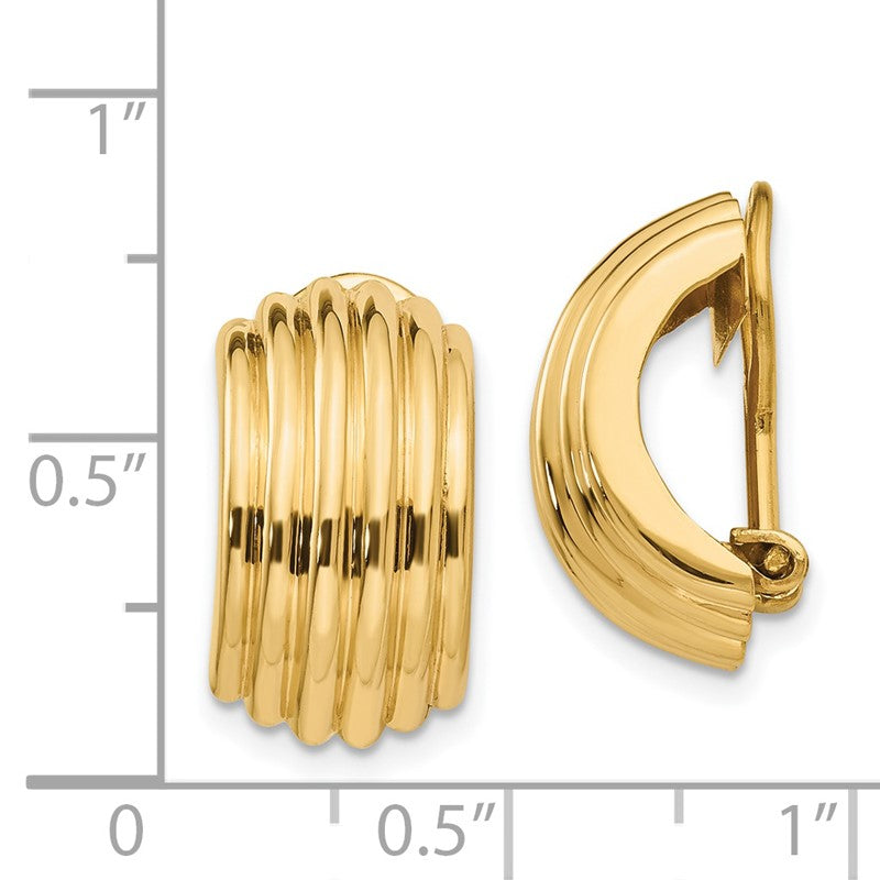 14k 9.5x16mm Polished Ribbed Half Hoop Omega Back Non-pierced Earrings H869