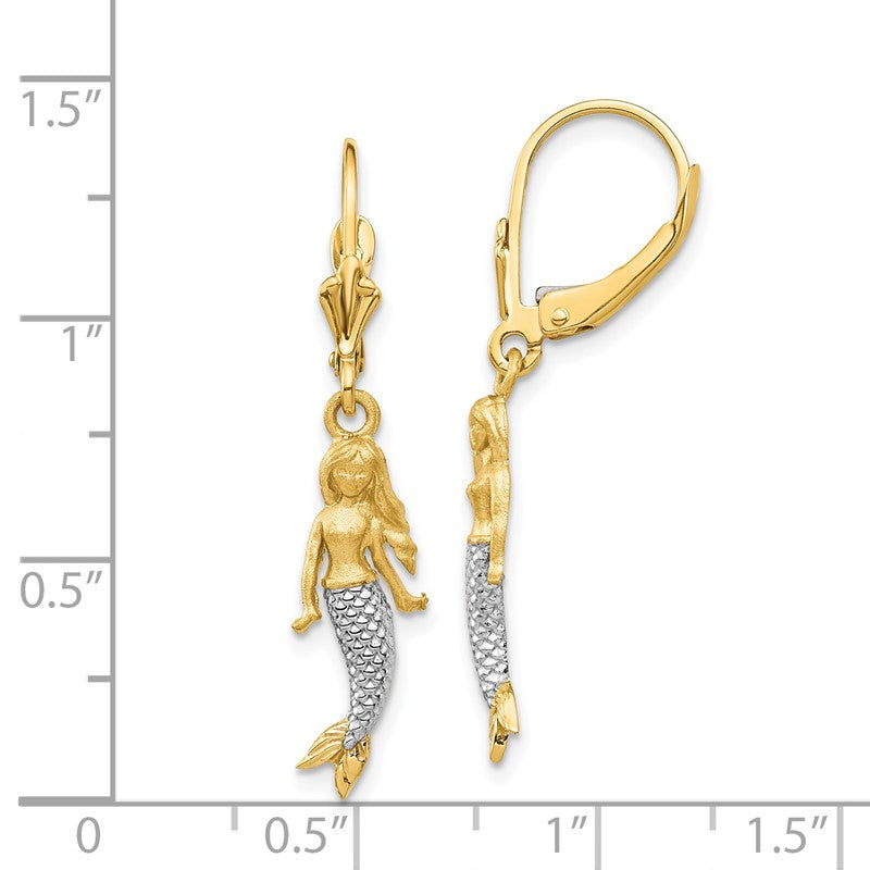 14K and White Rhodium Brushed and Polished Mermaid Dangle Leverback Earrings TF1598