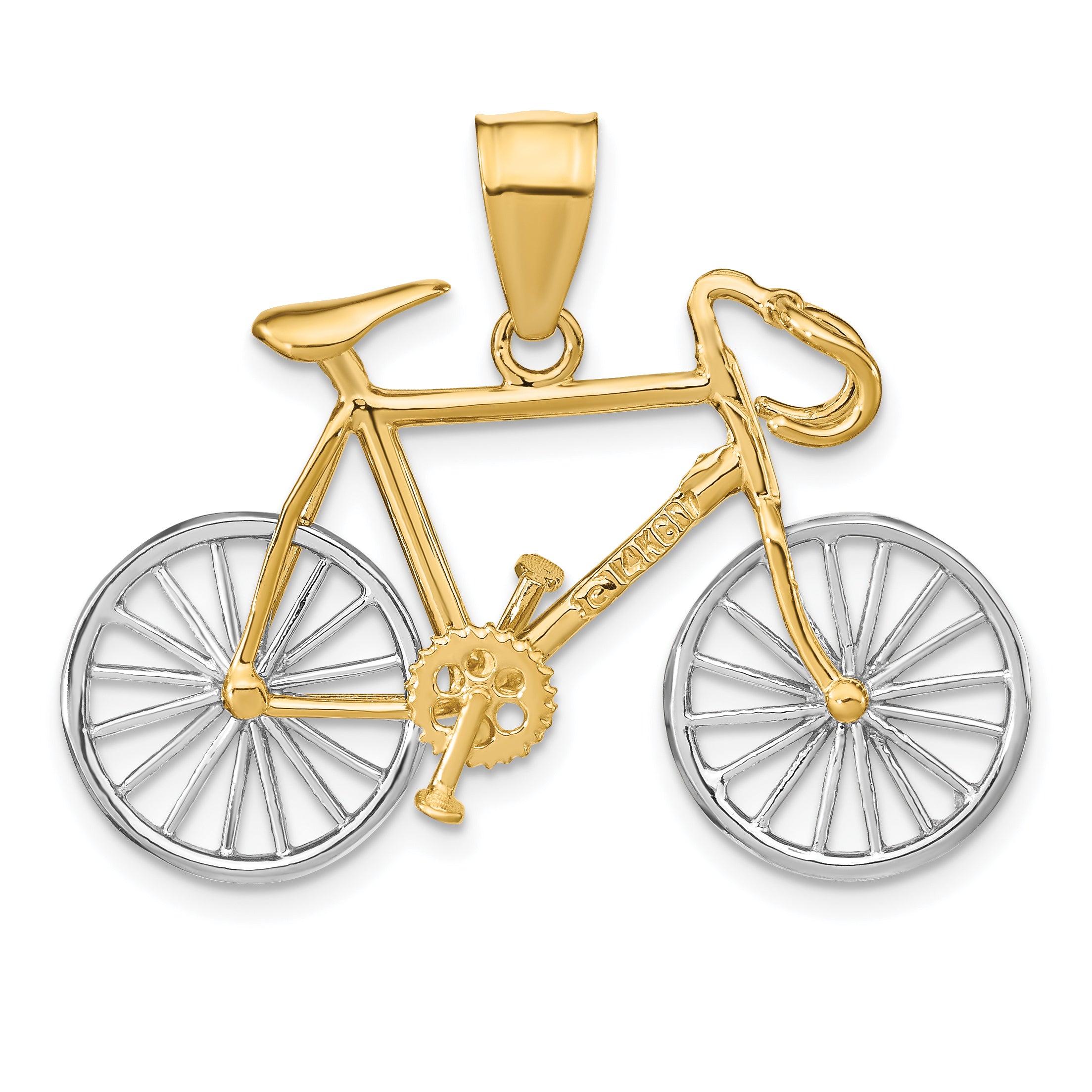 14k Large Two-tone 3-D Bicycle with Moveable Wheels Pendant C1813