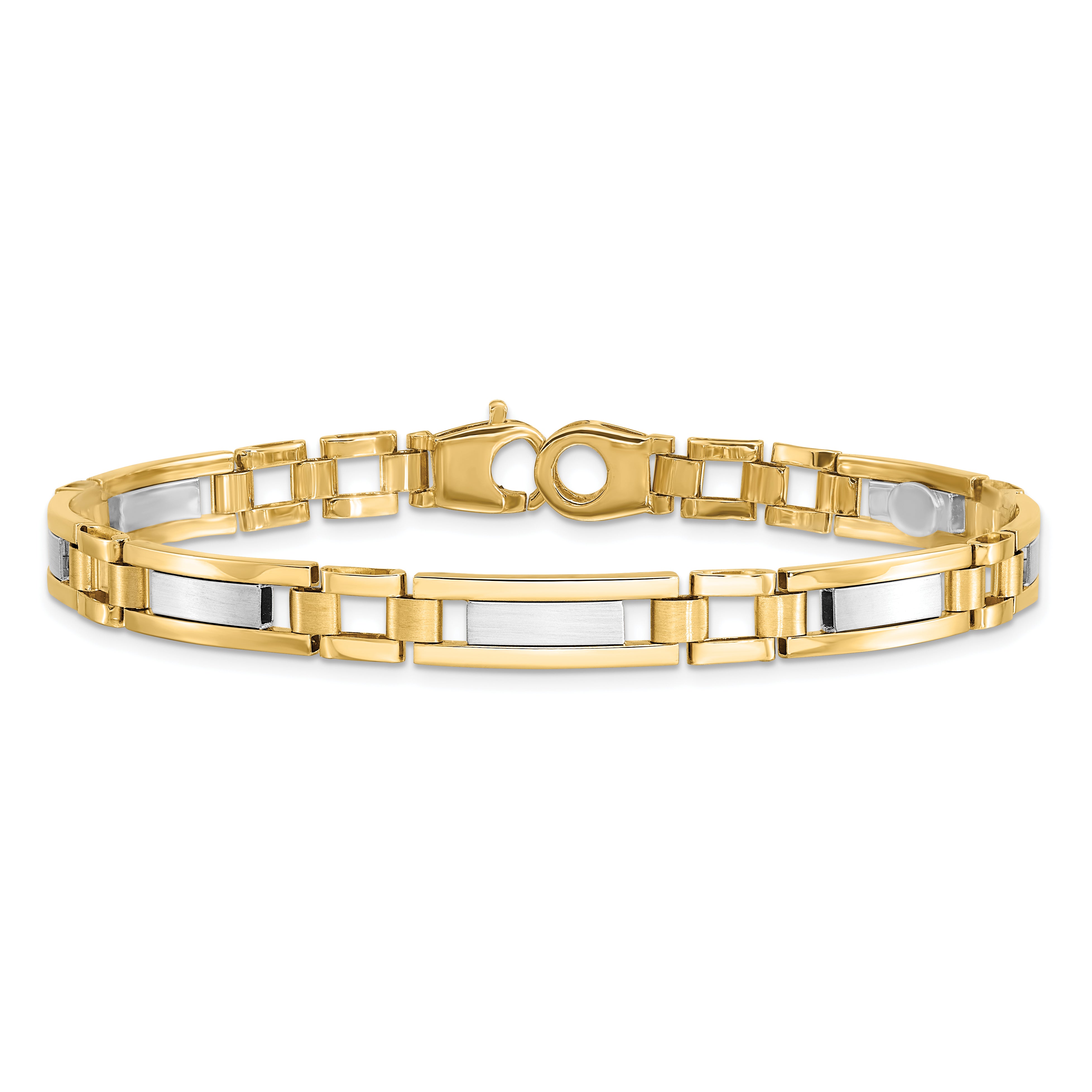14k Two-tone Polished and Satin 6.3mm Fancy Bar Link 8.5 inch Mens Bracelet GB247