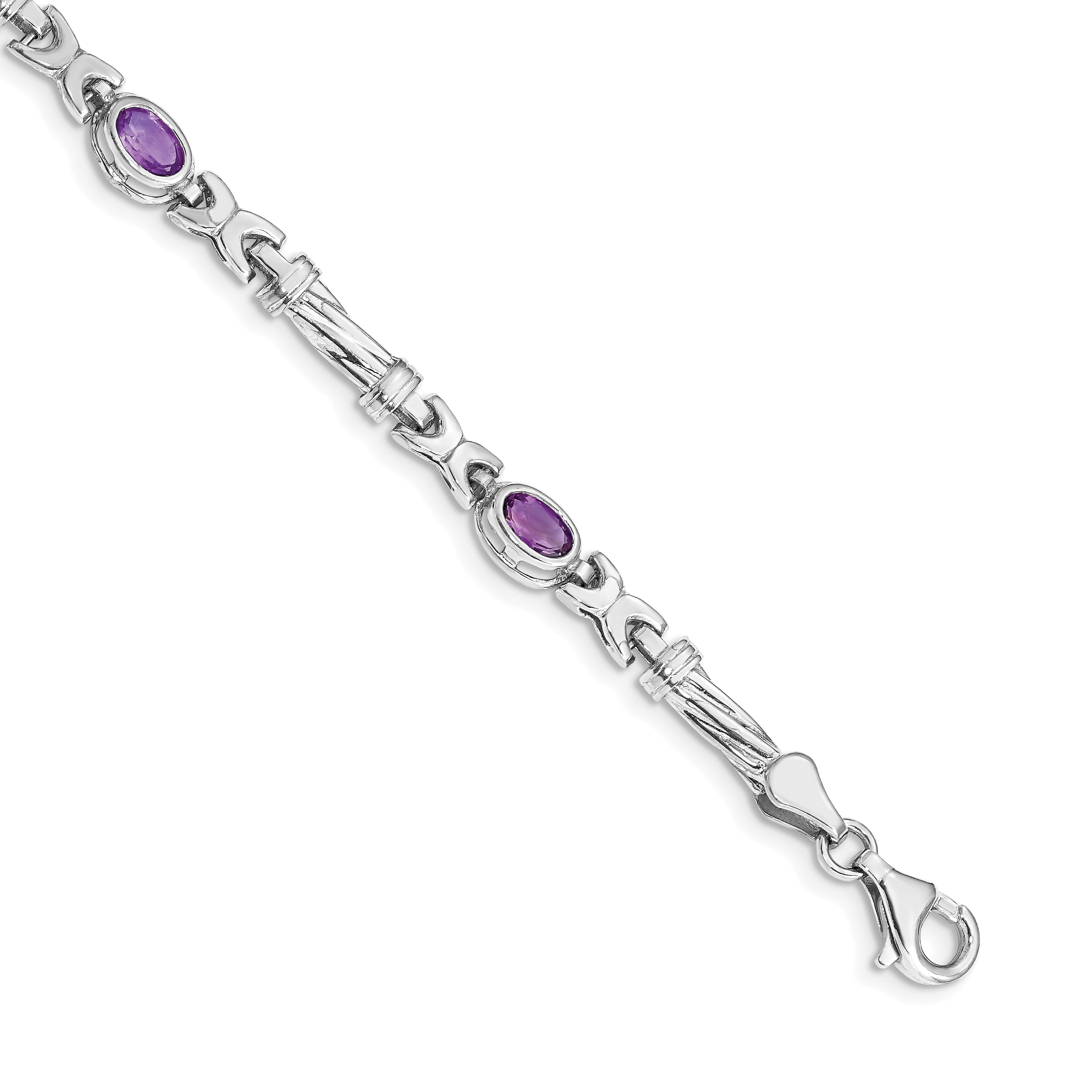 14k White Gold Complete Oval Amethyst Fancy Link 7 inch Bracelet BM4497