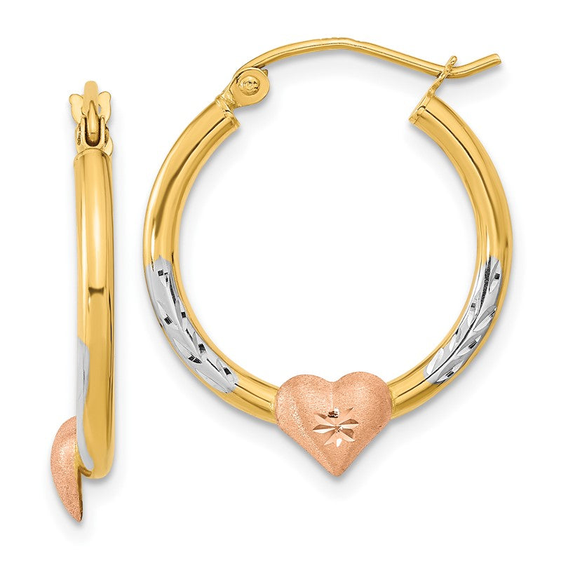 14k Two-tone with White Rhodium D/C Heart Hoop Earrings TF1238