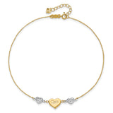 14K Two-tone Diamond-cut and MOM Puffed Heart 9 inch Plus 1 inch Extender - Total 10 inch Anklet ANK254