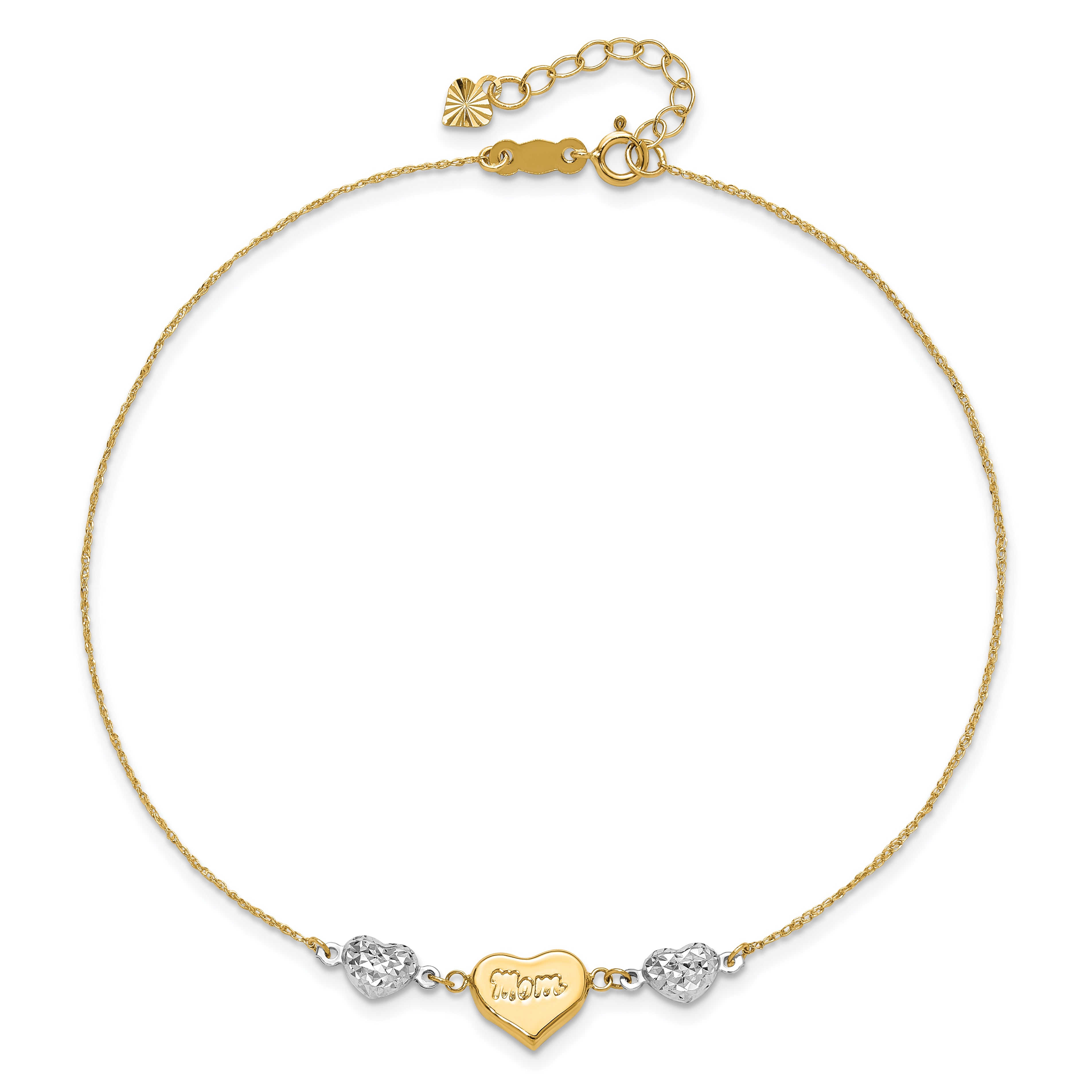 14K Two-tone Diamond-cut and MOM Puffed Heart 9 inch Plus 1 inch Extender - Total 10 inch Anklet ANK254