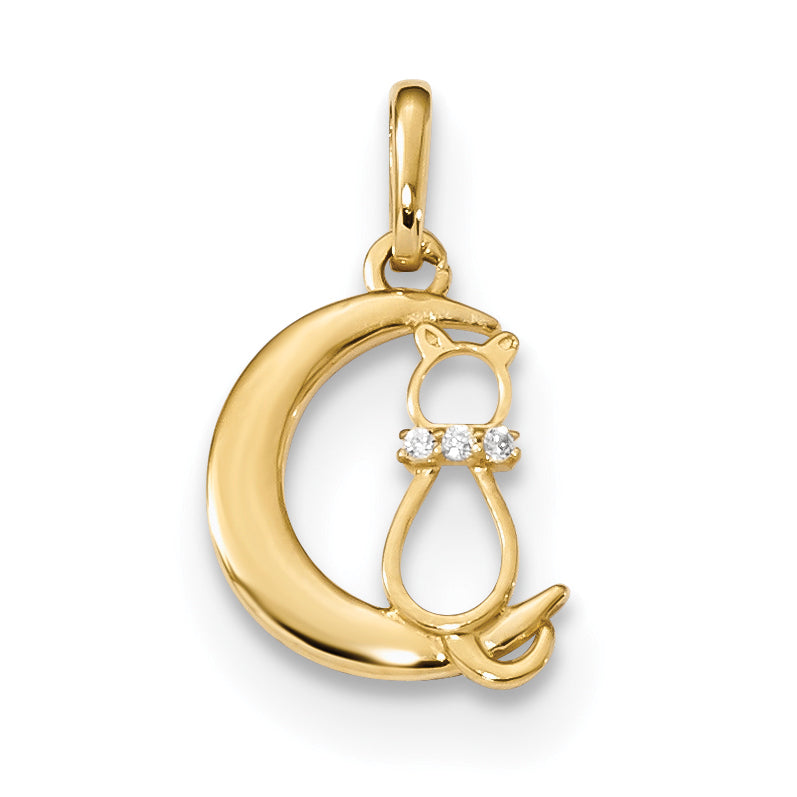 14k CZ Cat and Moon Childrens Pendant YC1285