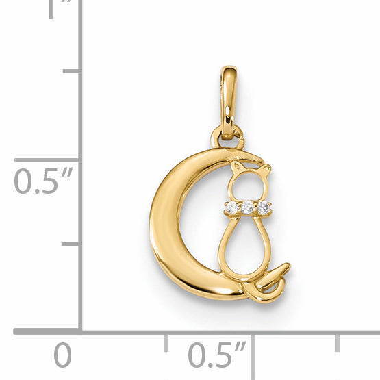 14k CZ Cat and Moon Childrens Pendant YC1285