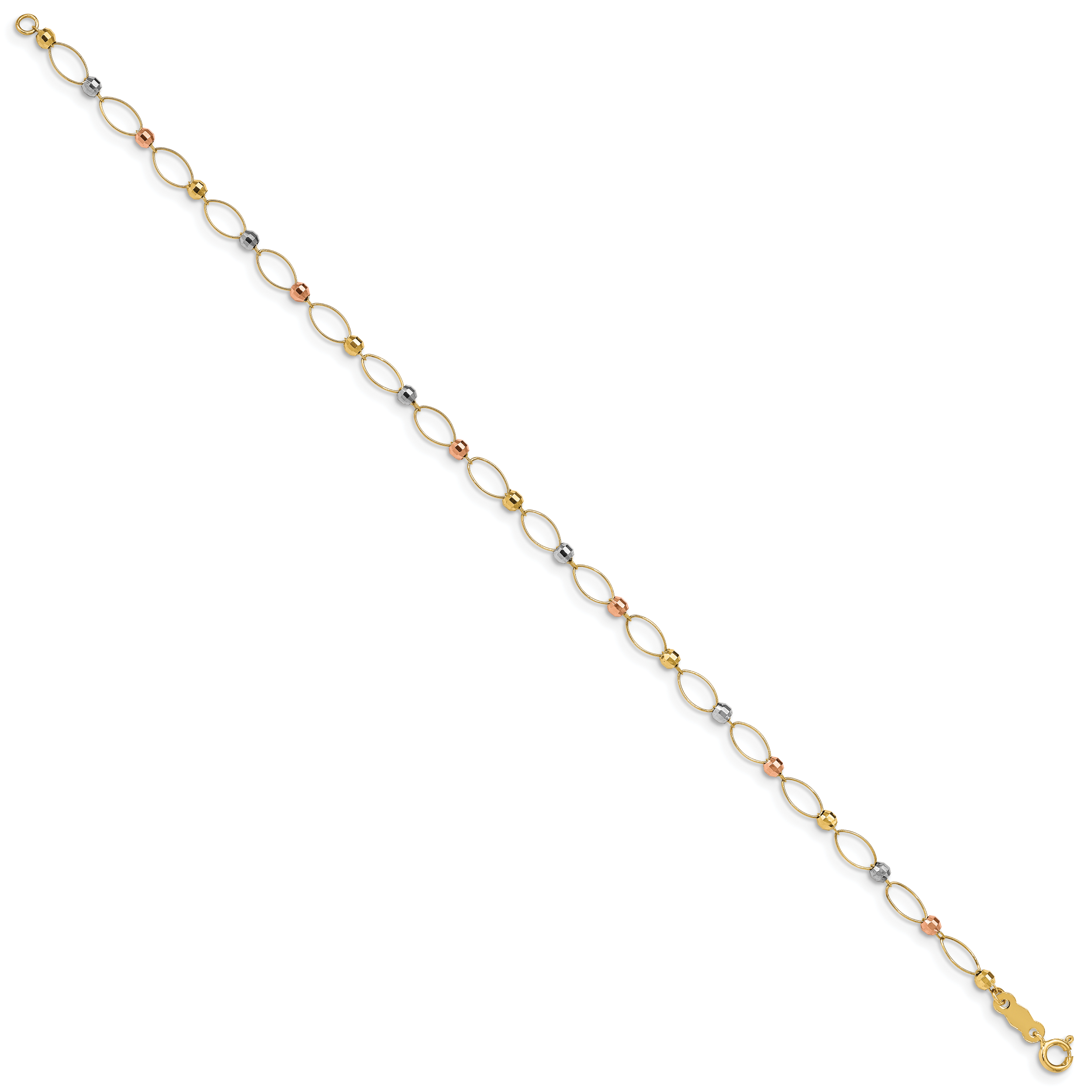 14K Tri-color Oval Link with Mirror Beads 7 inch Bracelet FB1347