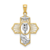14k and White Rhodium Communion Cross with Dove and Praying Hands Pendant D3735