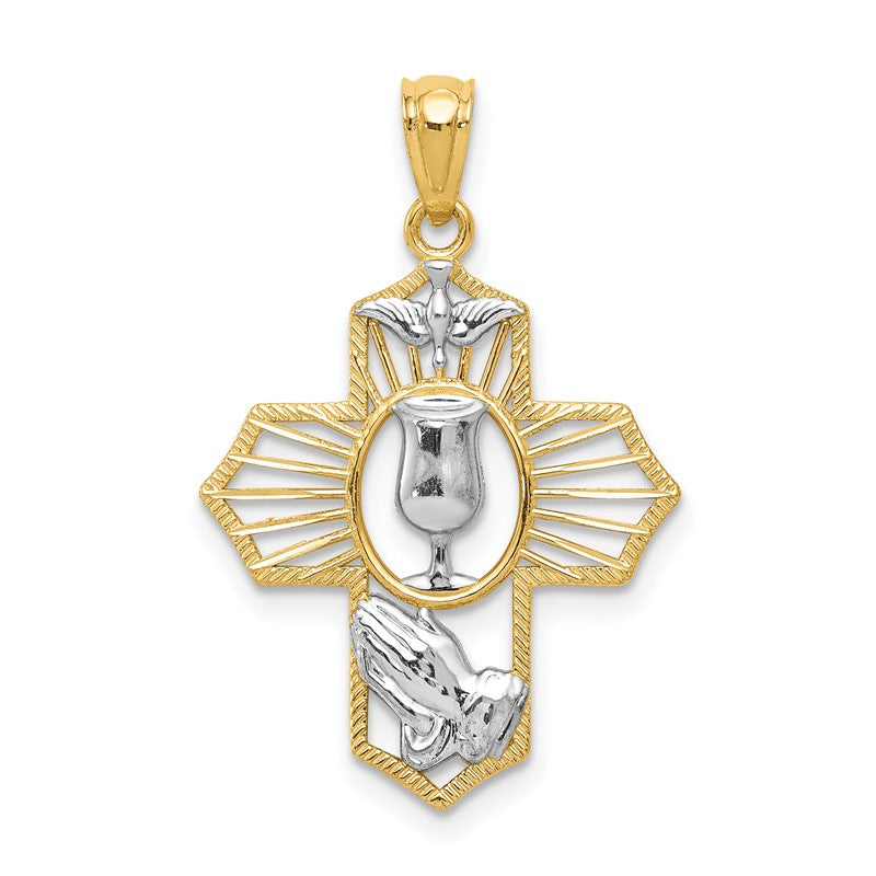 14k and White Rhodium Communion Cross with Dove and Praying Hands Pendant D3735