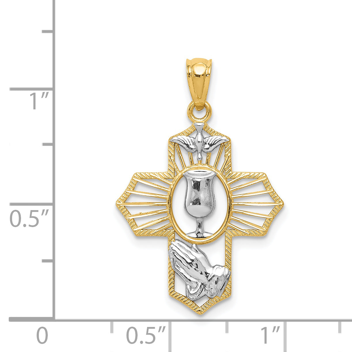 14k and White Rhodium Communion Cross with Dove and Praying Hands Pendant D3735