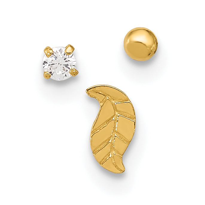 14K 22 Gauge Leaf / 2mm Ball / 2mm CZ  3-piece Nose Stud Set BD146SET