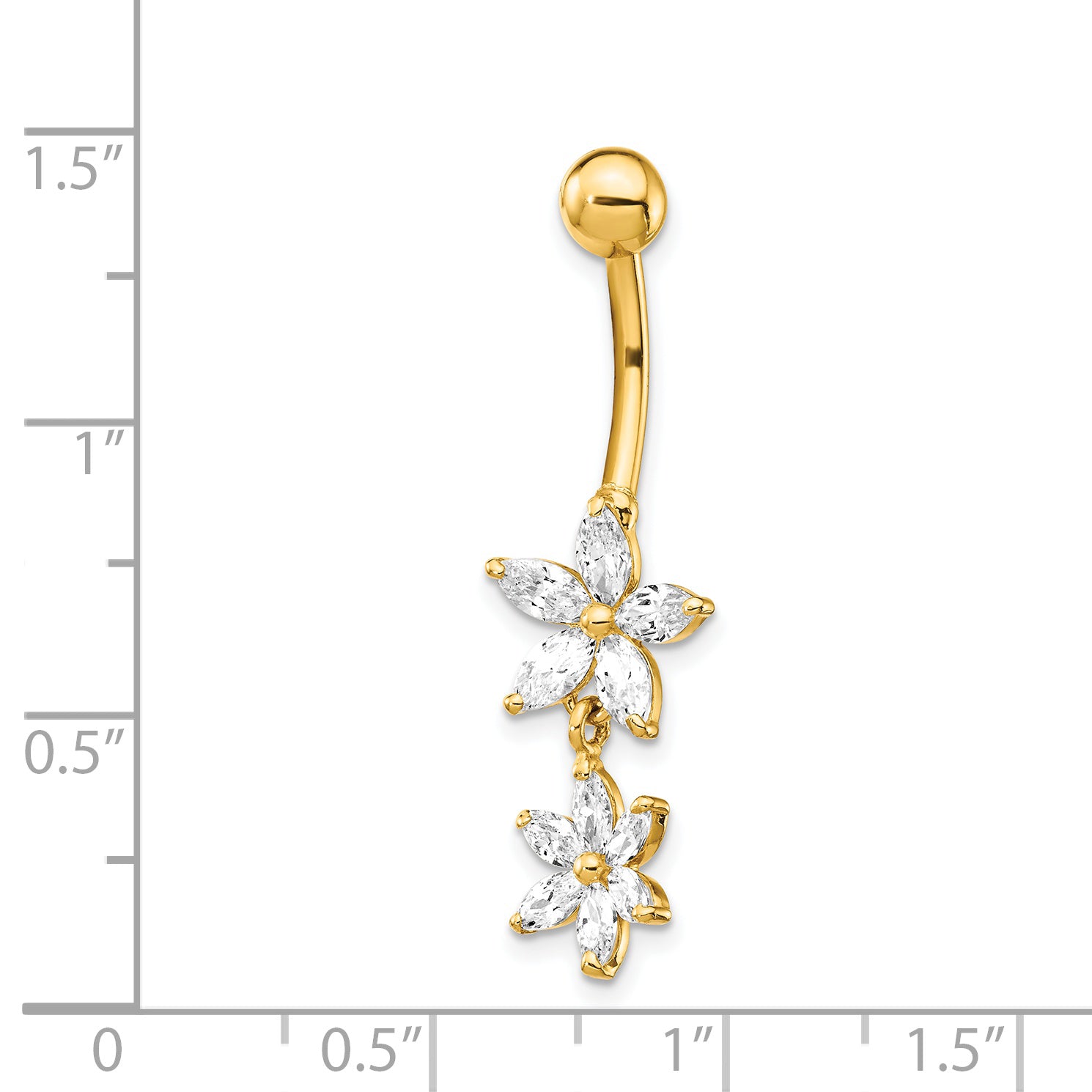 14k 14 Gauge CZ 2-Flower Dangle Belly Ring BD143