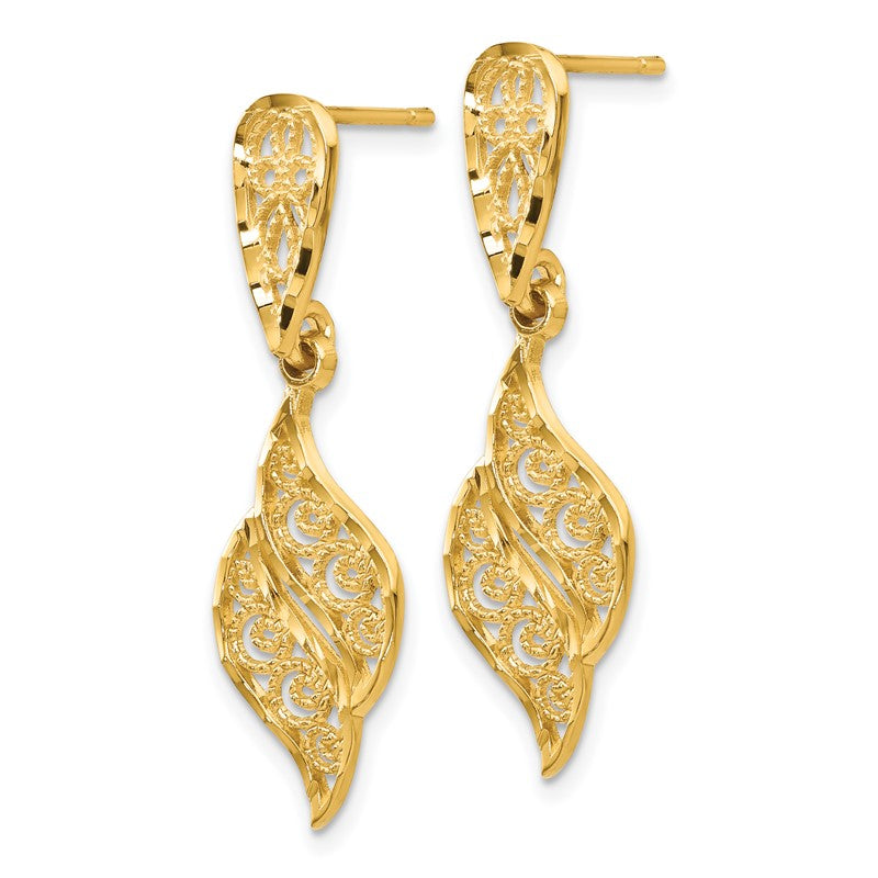 14k Polished Diamond-Cut Filigree Swirl Dangle Post Earrings F989